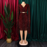 V Neck Long Sleeve Mantle Midi Dress(With Belt) GCZF-8543
