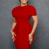 Solid Color Short Sleeve Slim Midi Dress GCZF-8540