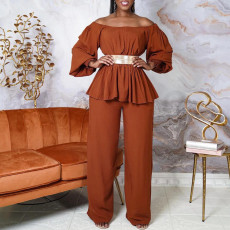 Off Shoulder Belt Long Sleeve Wide Leg Pants Fashion Suit GCZF-8535P