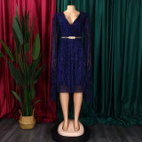 V Neck Long Sleeve Mantle Midi Dress(With Belt) GCZF-8543