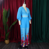 Chiffon V-neck Top Printed Wide Leg Pants Set GCZF-D440-C1