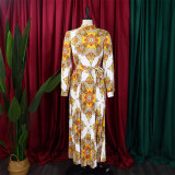 Printed Long Sleeve Belt Pressed Pleat Maxi Dress GCZF-8555