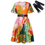 Short Sleeve Print Belt Midi Dress GCZF-8573
