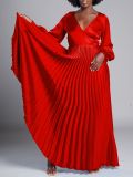 V Neck Long Sleeve Press Pleated Maxi Dress GCZF-8567