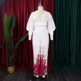Chiffon V-neck Top Printed Wide Leg Pants Set GCZF-D440-C1