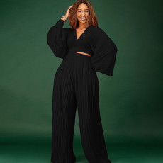 Long Sleeve V Neck Wide Leg Pants 2 Piece Set GCZF-8434