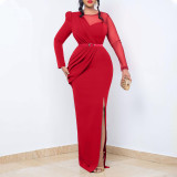 Pleated Mesh Patchwork Long Sleeve Maxi Dress GCZF-D190-C1