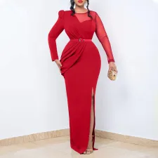 Pleated Mesh Patchwork Long Sleeve Maxi Dress GCZF-D190-C1
