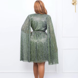 V Neck Long Sleeve Mantle Midi Dress(With Belt) GCZF-8543