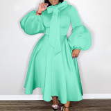 Bubble Sleeve Lace-Up Bow Big Hem Dress GCZF-C1-D427