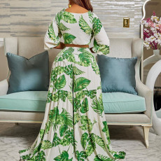 Print V Neck Tie Up Top Two Piece Pant Set GCZF-8469