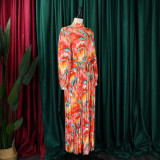 Long Sleeve Printed Pressed Pleat Tie Up Maxi Dress GCZF-8501