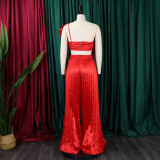 Slant Shoulder Backless Ruffle Top Wide Leg Pants Set GCZF-8518