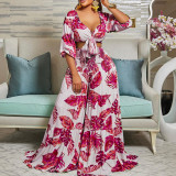 Print V Neck Tie Up Top Two Piece Pant Set GCZF-8469