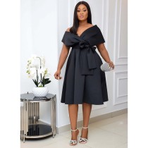 Short Sleeve V Neck Belt Midi Dress GCZF-3027