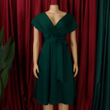 Short Sleeve V Neck Belt Midi Dress GCZF-3027