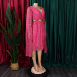 V Neck Long Sleeve Mantle Midi Dress(With Belt) GCZF-8543