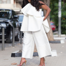 Single Shoulder Loose Tops Wide Leg Pants Suit GCZF-8537