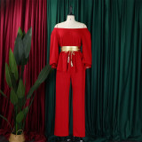 Off Shoulder Belt Long Sleeve Wide Leg Pants Fashion Suit GCZF-8535P