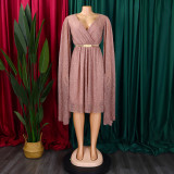 V Neck Long Sleeve Mantle Midi Dress(With Belt) GCZF-8543