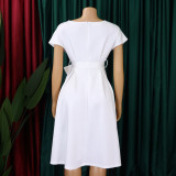 Short Sleeve V Neck Belt Midi Dress GCZF-3027
