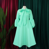 Bubble Sleeve Lace-Up Bow Big Hem Dress GCZF-C1-D427