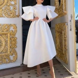 Double Ruffle Sleeve Solid Color Midi Dress GCZF-8474