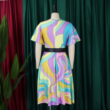 Short Sleeve Print Belt Midi Dress GCZF-8573