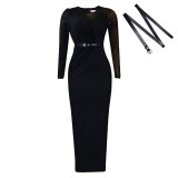 Pleated Mesh Patchwork Long Sleeve Maxi Dress GCZF-D190-C1