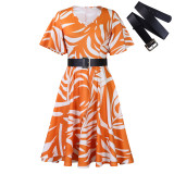 Short Sleeve Print Belt Midi Dress GCZF-8573