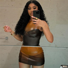Fashion PU Small Vest Clashing Color Skirt Set XEF-43228