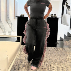 Letter Embroider T Shirt And Colorful Tassel Pants Suit XEF-40781