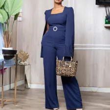 Solid Color Beaded  Wide Leg Jumpsuit GCZF-8475
