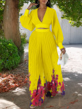Chiffon V-neck Top Printed Wide Leg Pants Set GCZF-D440-C1