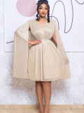 V Neck Long Sleeve Mantle Midi Dress(With Belt) GCZF-8543