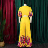 Fashion Print V Neck Top And Pants 2 Piece Set GCZF-8522