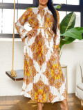 Printed Long Sleeve Belt Pressed Pleat Maxi Dress GCZF-8555