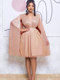 V Neck Long Sleeve Mantle Midi Dress(With Belt) GCZF-8543