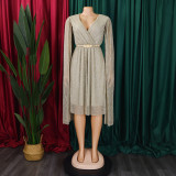 V Neck Long Sleeve Mantle Midi Dress(With Belt) GCZF-8543
