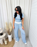 Color Block Short Sleeve Wide Leg Pant 2 Piece Set SSNF-211452