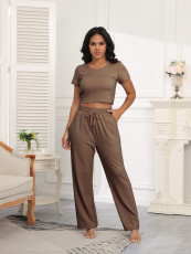 Casual Short Sleeve Solid Two Piece Pants Set SSNF-211433