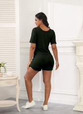 Solid Color U Neck Sport Two Piece Shorts Set SSNF-211435