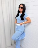 Color Block Short Sleeve Wide Leg Pant 2 Piece Set SSNF-211452
