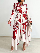 Fashion Printed Lapel Tie Irregular Midi Dress GCZF-D3264-C1
