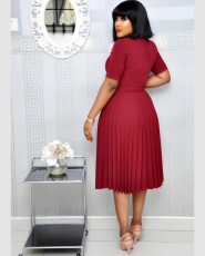Plus Size Solid O Neck Short Sleeve Pleated Dress GCZF-D028-C1
