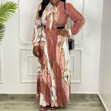 Long Sleeve Print Tie Up Pleated Maxi Dress GCZF-8463