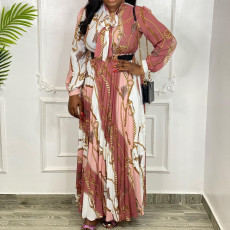 Long Sleeve Print Tie Up Pleated Maxi Dress GCZF-8463