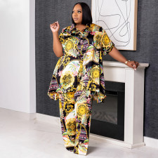 Plus Size Print Short Sleeve Shirt 2 Piece Set NNWF-7986