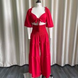 Solid Color Pleated Tie Up Two Piece Skirt Set GCZF-D220