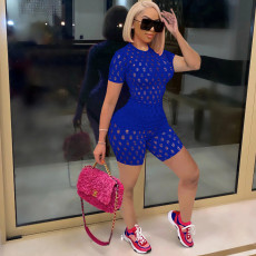 Solid Color Holes Short Sleeve 2 Piece Shorts Set TE-4674